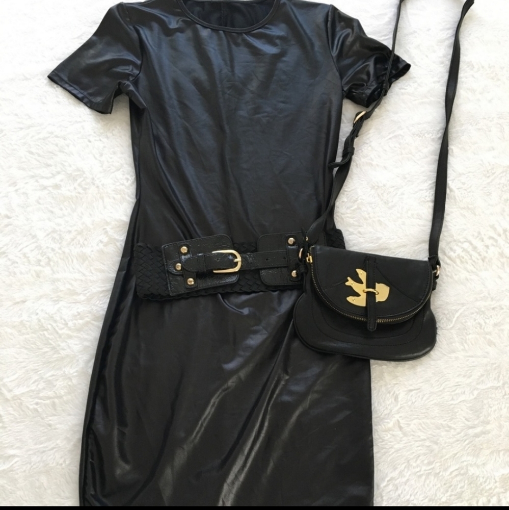 Short Sleeve Pleather Mini Dress
